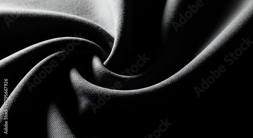 Dramatic Close-Up View Of Luxurious Black Textile Fabric Draped In Elegant Swirls Creating High Contrast Between Bright Highlights And Deep Dark Shadows Abstract Background For Fashion Or De