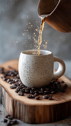 Coffee Pouring From a Pitcher Into a Speckled Mug Surrounded by Coffee Beans ...