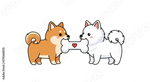 Two adorable cartoon dogs one shiba inu and one fluffy white dog sharing a bone with a heart