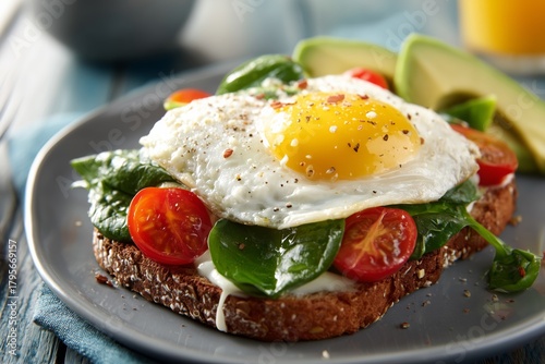 Healthy Breakfast Toast Topped With Avocado, Spinach, Tomatoes, and Fried Egg...