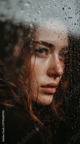 Young Woman Gazes Through a Rain-Soaked Window in a Moment of Reflection