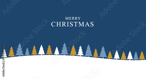 Merry Christmas Greeting Card with Stylized Christmas Trees and Snowy Landscape