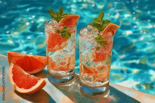 Refreshing Cocktails With Citrus Slices Beside a Sparkling Blue Pool in Warm ...