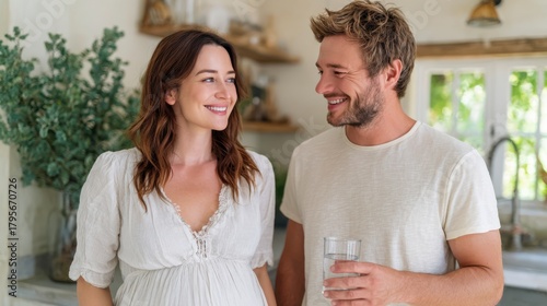 Captivating Moments of Anticipation: A Radiant Couple Cherishes Their Journey to Parenthood with Smiles and Joy in a Beautiful Home Setting