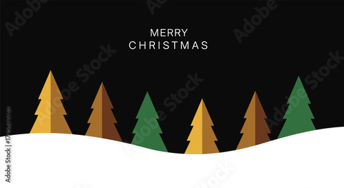 Merry Christmas greeting card with stylized evergreen trees on a snowy landscape against a dark background