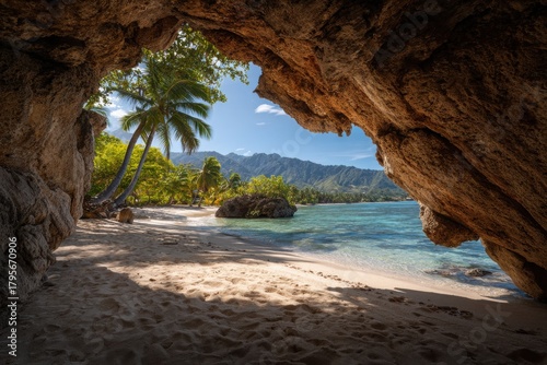 Fototapeta Naklejka Na Ścianę i Meble -  A beautiful beach with a large rock in the middle of it