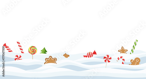 Colorful holiday sweets and candy on snowy white background  