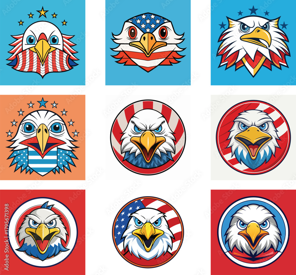 Obraz premium set of funny cartoon animals, set of colorful birds with flags,American flag, USA flag, USA icons set, USA symbols, american flag set