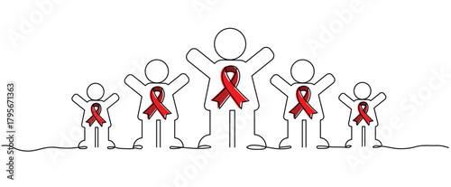 five person with ribbon inside for aids hiv blood cancer awareness campaign One continuous line drawing for Poster, banner, background with lettering copyspace, cancer awareness minimal outline linear