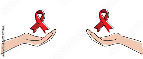 Blood cancer hiv aids awareness campaign poster banner background, hand drawn save hand with red ribbon One continuous line drawing single line art, cancer ribbon sign symbol Flat and outline style 