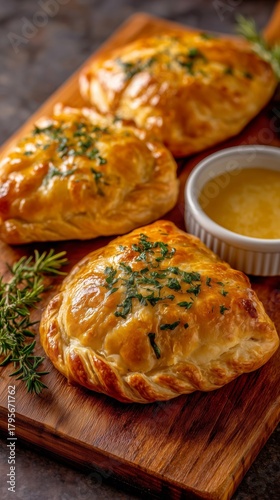 Flaky Savory Pastries on a Wooden Board With Herbs and Sauce in a Cozy Kitche...