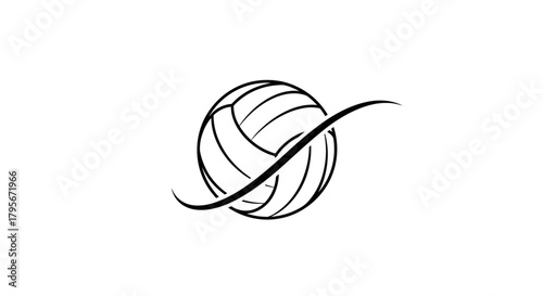 Stylized volleyball with a swoosh design element, black and white.
