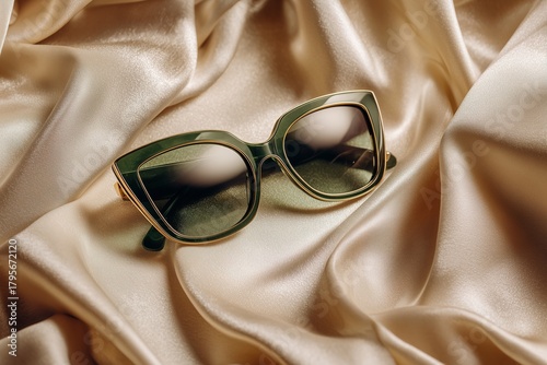 Stylish Green Sunglasses Placed on Smooth Golden Fabric for Fashion Display