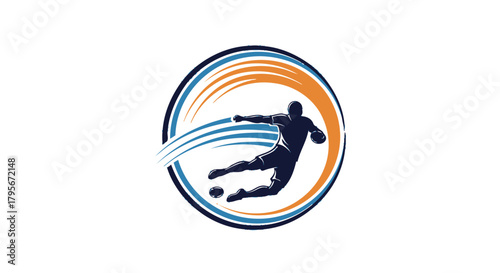 A dynamic logo featuring a soccer player in mid-air kicking a ball, surrounded by energetic blue and orange curved lines within a circular frame.