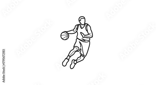 A line art illustration of a basketball player dribbling the ball, showcasing dynamic movement in a simple black and white style.