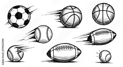 Collection of various sports balls, including soccer, basketball, baseball, football, and tennis, in a detailed sketch style.
