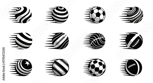 A collection of twelve dynamic, motion-blurred sports balls, including soccer balls, basketballs, and American footballs, set against a white background.