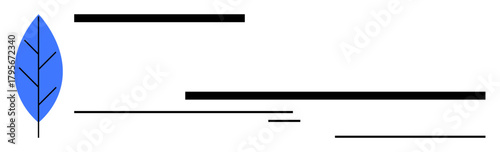 Blue leaf with defined veins beside horizontal lines of varying thickness and lengths. Ideal for themes of nature, growth, balance, minimalism, harmony, sustainability, and creativity. Simple flat