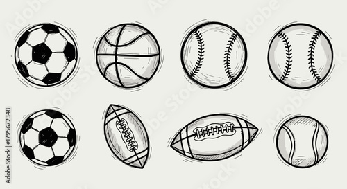 Collection of various sports balls, including soccer, basketball, baseball, and football, in a detailed illustration.