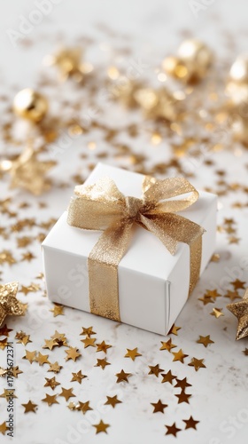 Gift Box With Gold Ribbon Surrounded by Shiny Ornaments and Stars for a Festi...