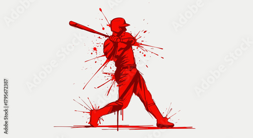 A dynamic red silhouette of a baseball player mid-swing, with paint splatters creating a sense of explosive action.