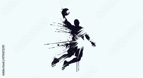 Silhouette of a basketball player mid-air performing a slam dunk with dynamic ink splatters.