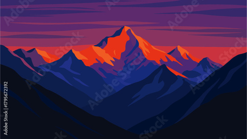 Twilight Peaks, Embers of the Horizon, Twilight Majesty, mountain range, twilight, sunset glow, orange peaks, purple sky, deep blue shadows, 