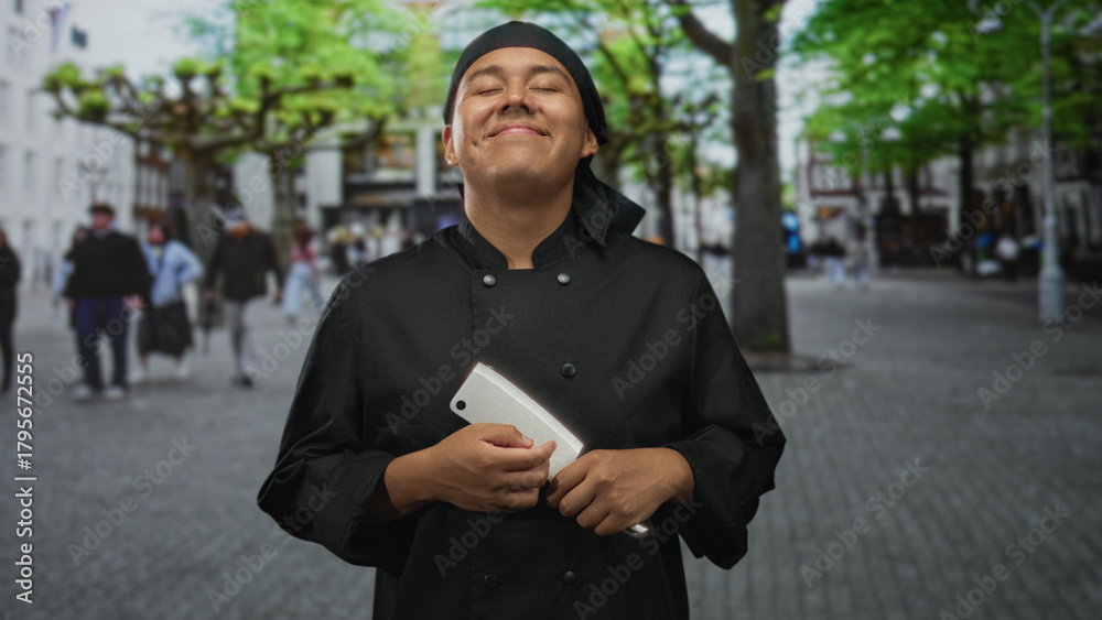 Fototapeta premium Young man chef in black uniform holding a cleaver to his chest, eyes closed and smiling while standing on a cobbled street; pride in craft.
