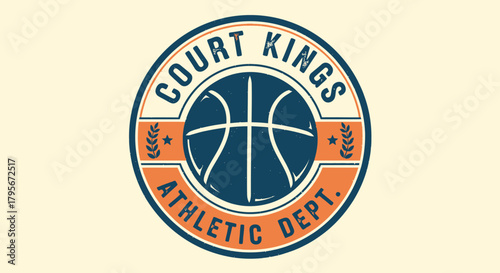 Retro circular logo for Court Kings Athletic Dept. featuring a basketball and laurel wreaths.