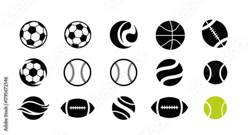 A collection of various sports balls in black and white, including soccer, basketball, and football.