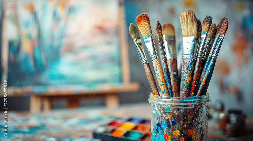 Fototapeta premium jar with paint and brushes on a colored artistic background, art, creative, gouache, oil, acrylic, watercolor, strokes, stains, illustration, wall, table, studio, artist’s workshop