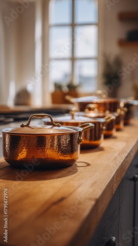 Copper Pots Line a Wooden Counter Illuminated by Warm Sunlight in a Modern Ki...