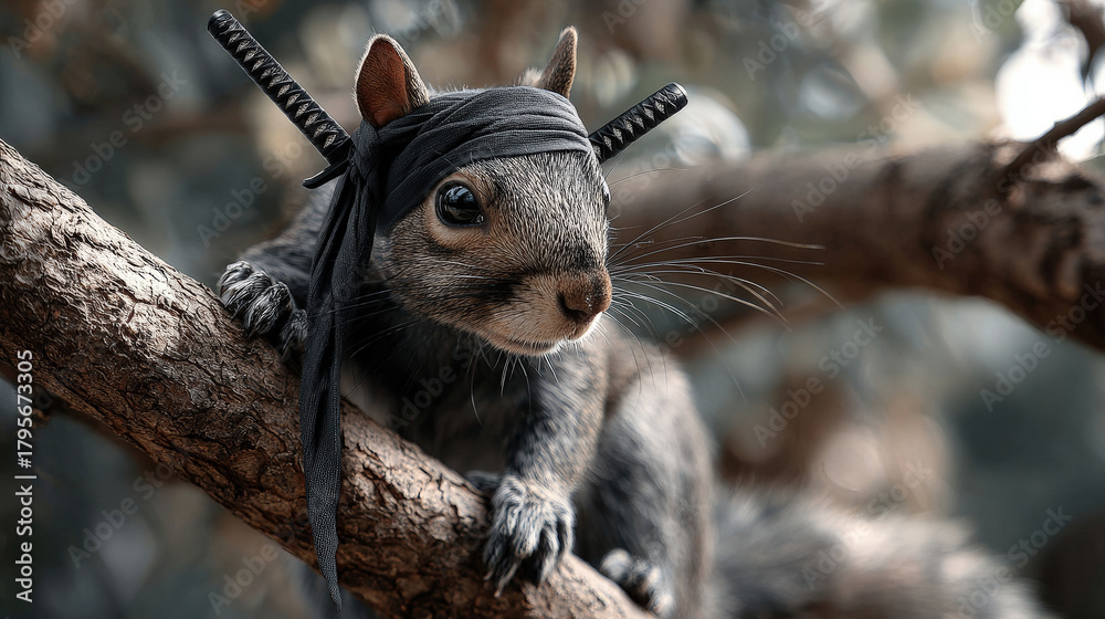 Obraz premium Squirrel dressed as samurai, wearing black mask and holding miniature swords, perches on tree branch. Concept of whimsical adventure and playful fantasy