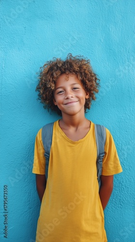 Smiling Boy With Curly Hair Standing in Front of a Blue Wall