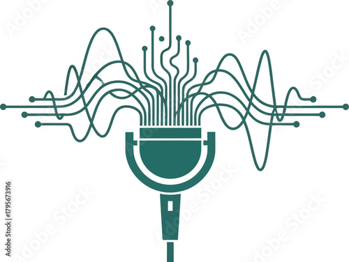 Modern green microphone sound wave abstract art logo concept representing music audio broadcasting podcasting and live performance isolated on white background