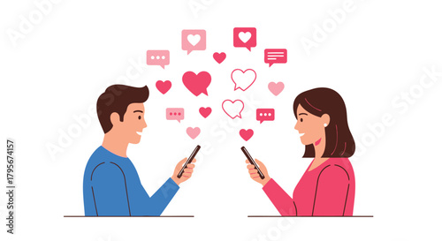 Couple communicating through smartphones sending hearts and messages symbolizing online romance and digital connection