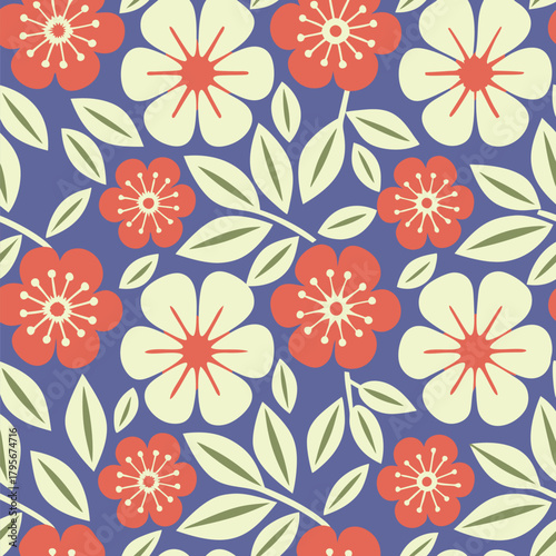 Retro floral pattern with stylized flowers and leaves.