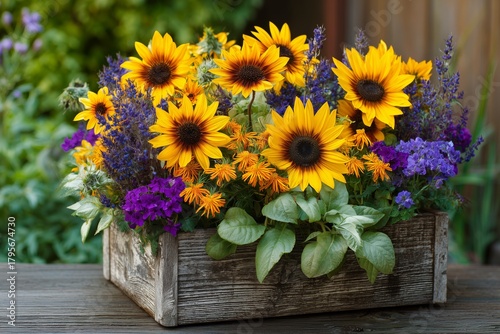 Bright Sunflowers and Yellow Blooms Arranged in a Rustic Planter, Showcasing ...