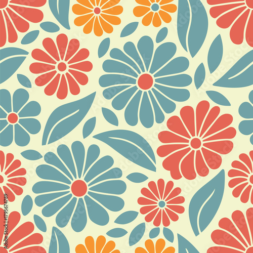 Retro floral pattern with stylized flowers and leaves.