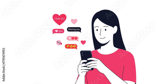 Woman texting loving messages and emojis on her smartphone expressing affection and longing