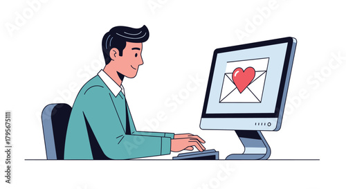 Man typing on computer displaying a love letter icon symbolizing online communication and romance
