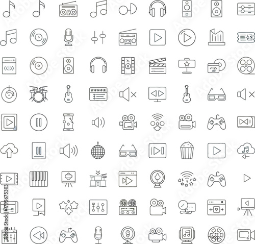 AdobExtensive collection of modern thin line vector icons representing music, video, audio, and entertainment media, perfect for digital interfaces, web design, and mobile applicae Illustrator Artwork