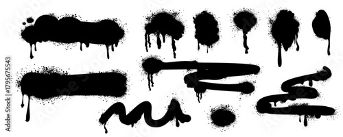 Stains graffiti with spray effect, template, mockup. Silhouette black paint with drips, splatter, drips. Street art stencil. Graffiti graphic box, spray silhouette grunge. Dirty textured. Vector