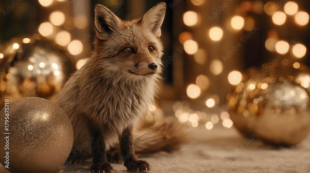 Obraz premium A cute fox sits amongst shimmering holiday ornaments and bokeh lights, creating a magical and festiv