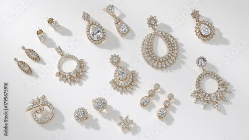 A collection of jewelry including earrings, pendants, and rings with intricate designs and gemstones. Jewelry accessories and adornments for special occasions.