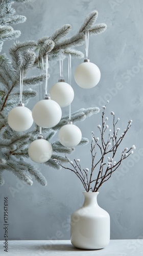 Beautiful White Ornaments Hanging From a Frosted Branch in a Simple Vase