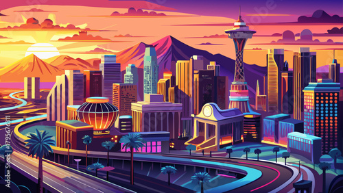 Very beautiful sunset aerial view of Las Vegas, Nevada, showcasing the glowing skyline along the iconic city strip, with modern high-rise buildings, vibrant lights, and a warm evening atmosphere.