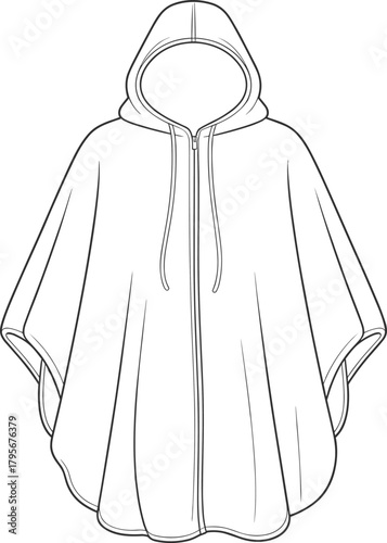 Hooded poncho technical sketch, cloak garment vector, front zip fashion flat, drawstring hood design, wide sleeve illustration, loose silhouette drawing