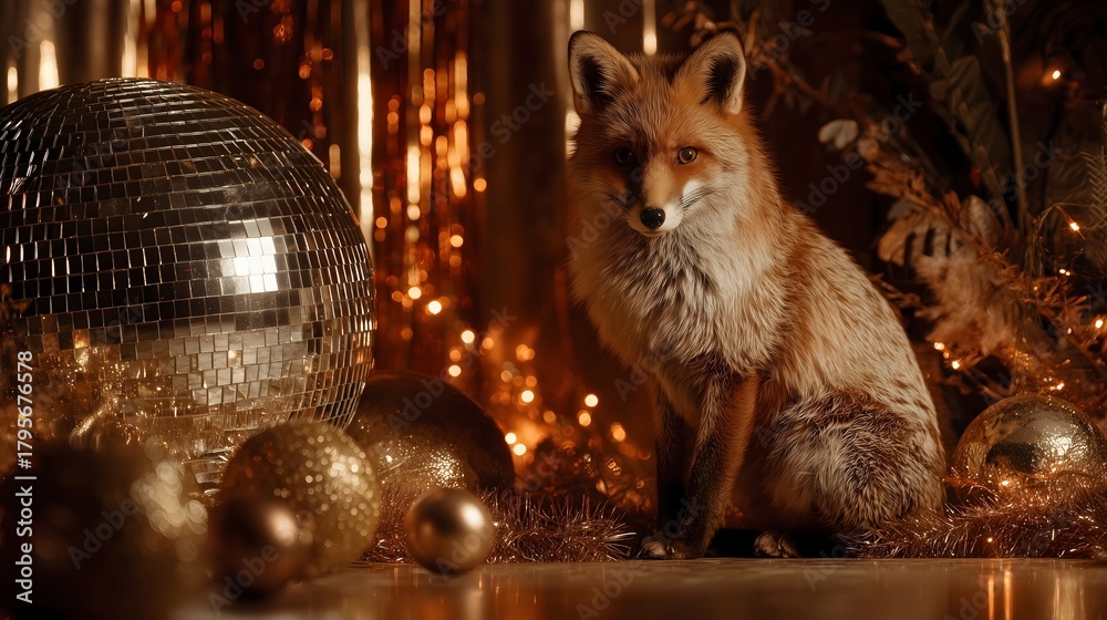 Fototapeta premium Fox in Festive Gold and Disco Ball Setting