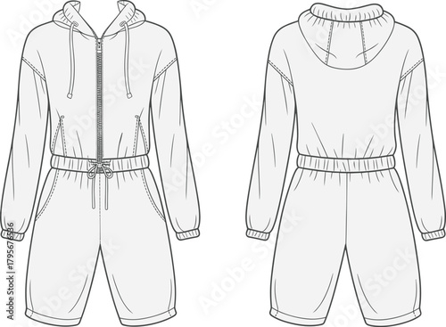 Hooded romper technical sketch, zip-up front vector, drawstring waist design, long sleeve garment illustration, fashion flat construction drawing